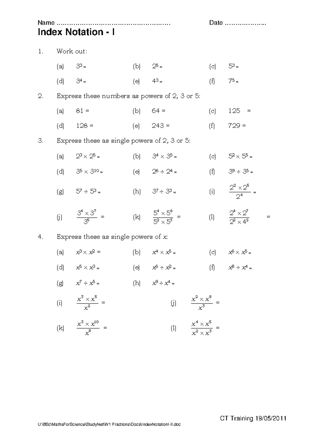 Index Notation Worksheet 1 Week One - Name