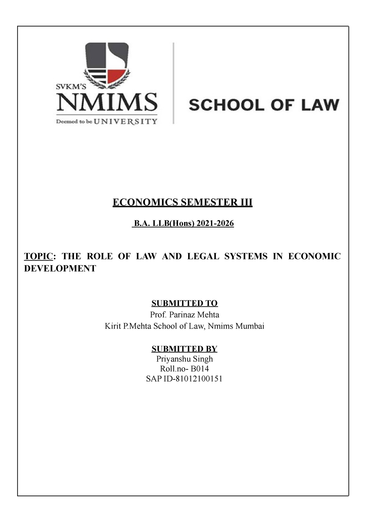 B014 Economics SEM III - Fbfbfb - ECONOMICS SEMESTER III B. LLB(Hons ...