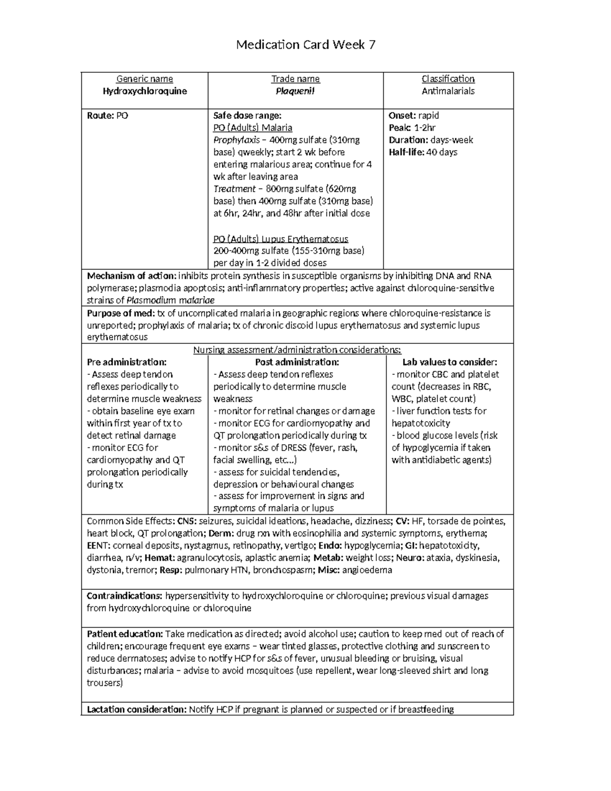 Medication Drug Card Week 7 - Medication Card Week 7 Generic name ...