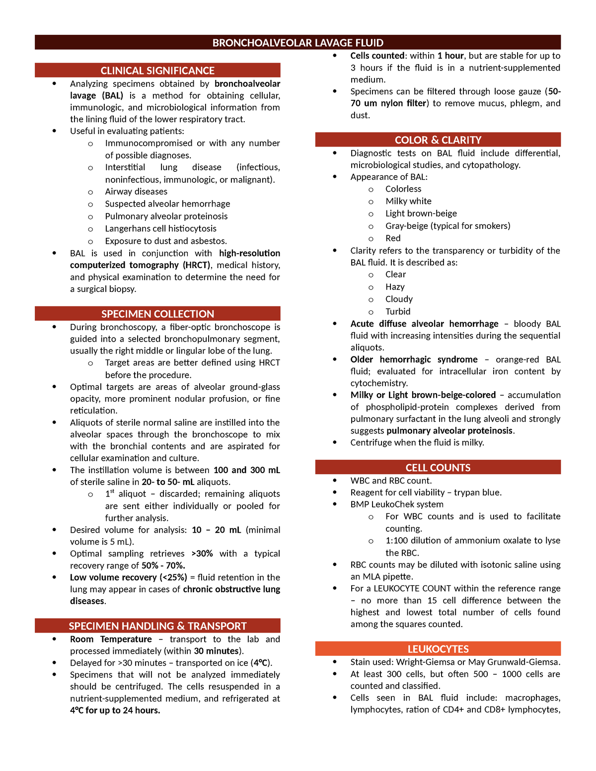 BRONCHIAL AUBF NOTES - BRONCHOALVEOLAR LAVAGE FLUID CLINICAL ...