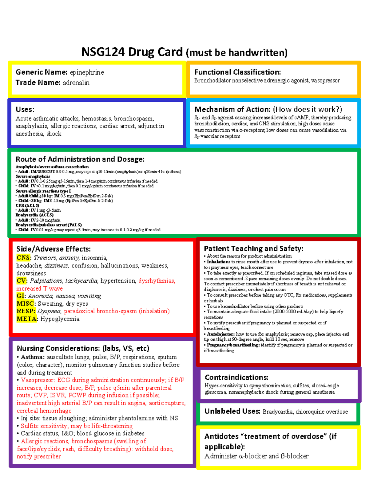 Epinephrine Drug Card - Drug Card - NSG124 Drug Card (must Be ...