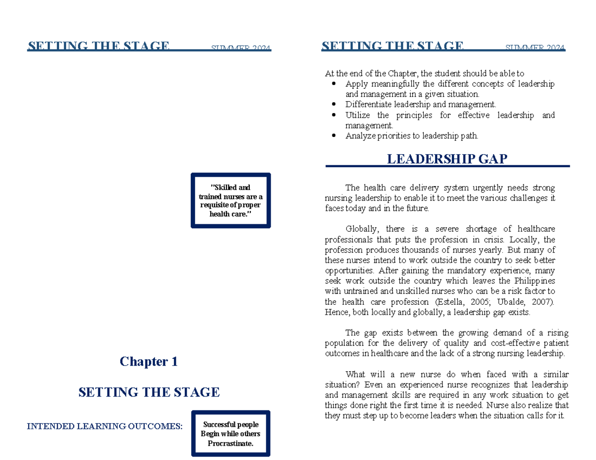 NCM 119 Lecture Setting the Stage - Chapter 1 SETTING THE STAGE ...