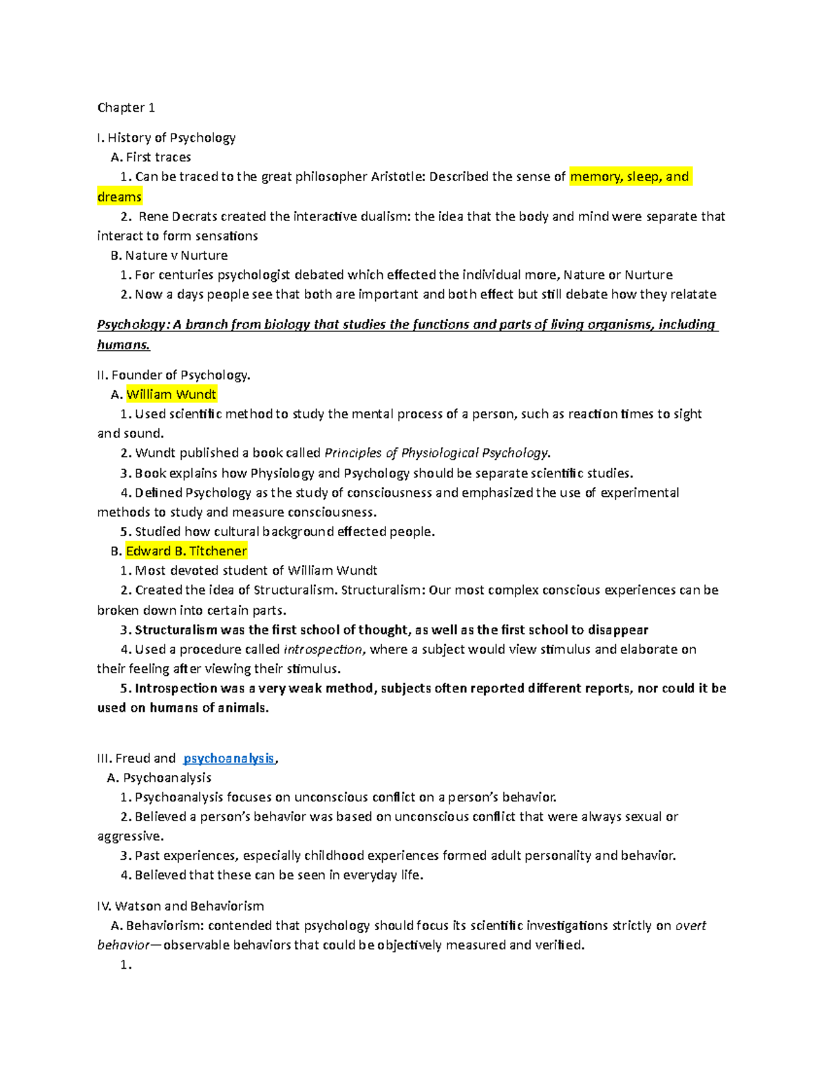 Week 1 notes for class - Chapter 1 I. History of Psychology A. First ...