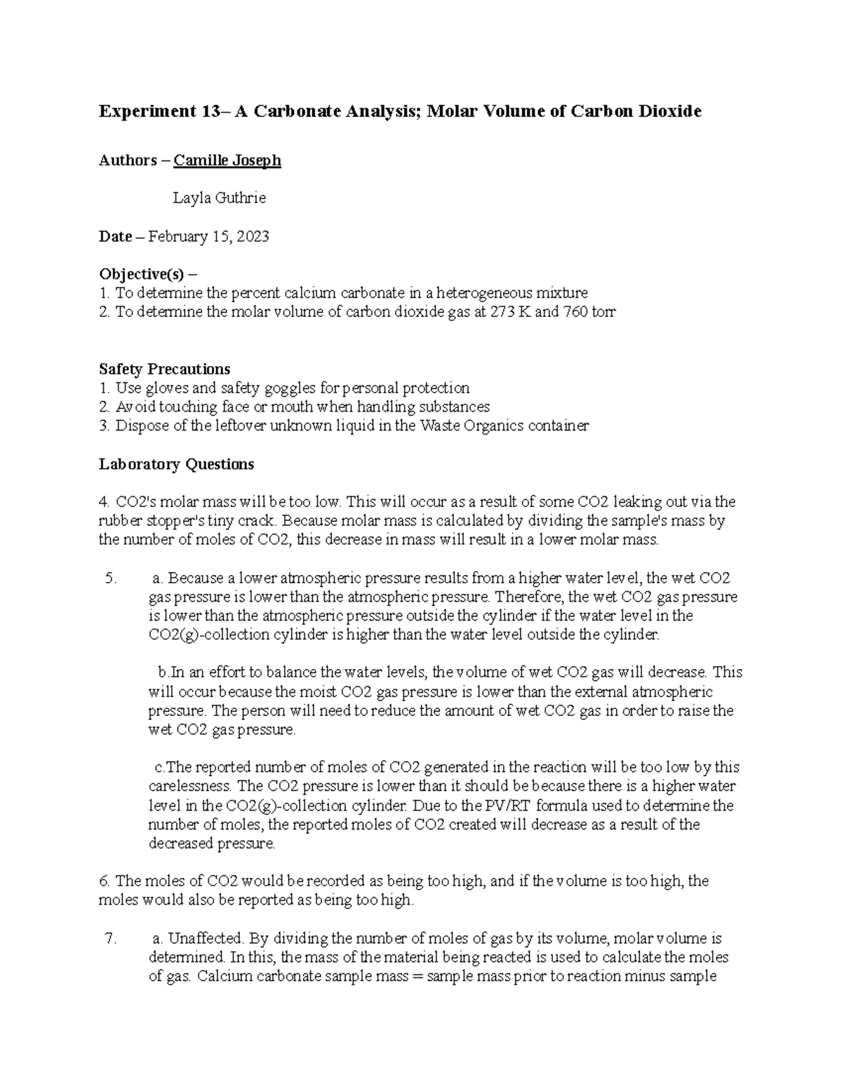 experiment 13 a carbonate analysis report sheet