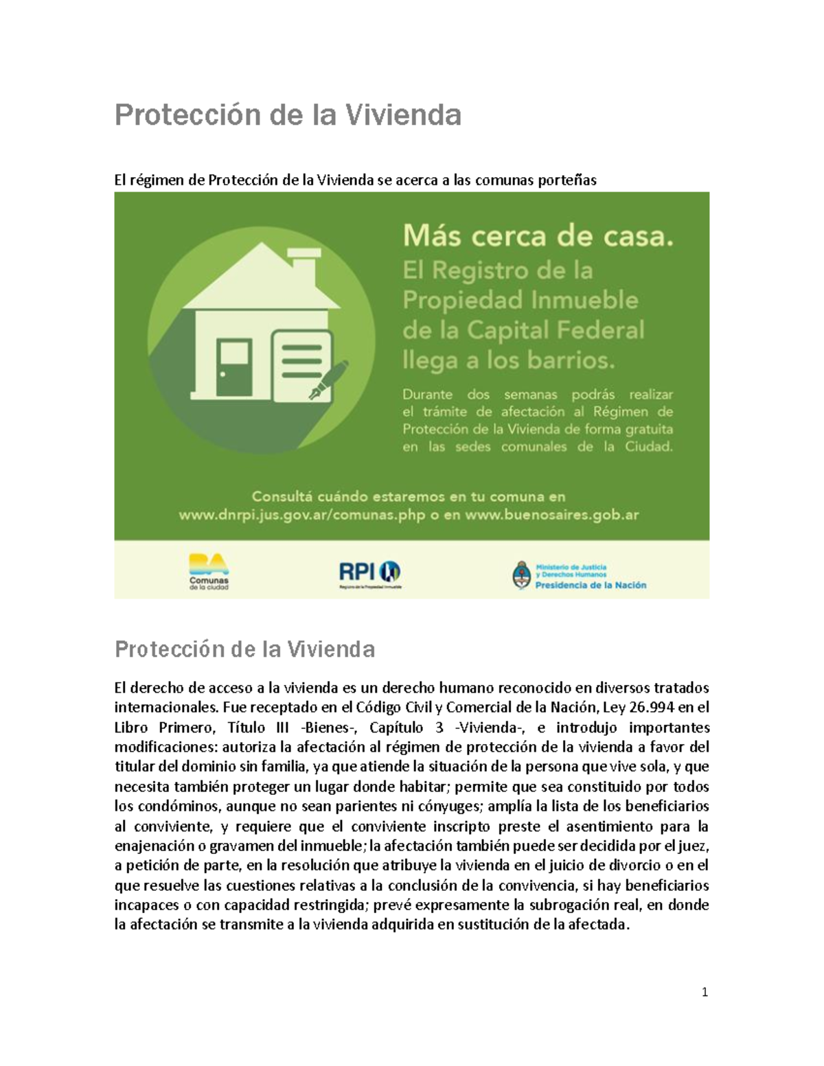 Protección de la Vivienda - Fue receptado en el Código Civil y ...