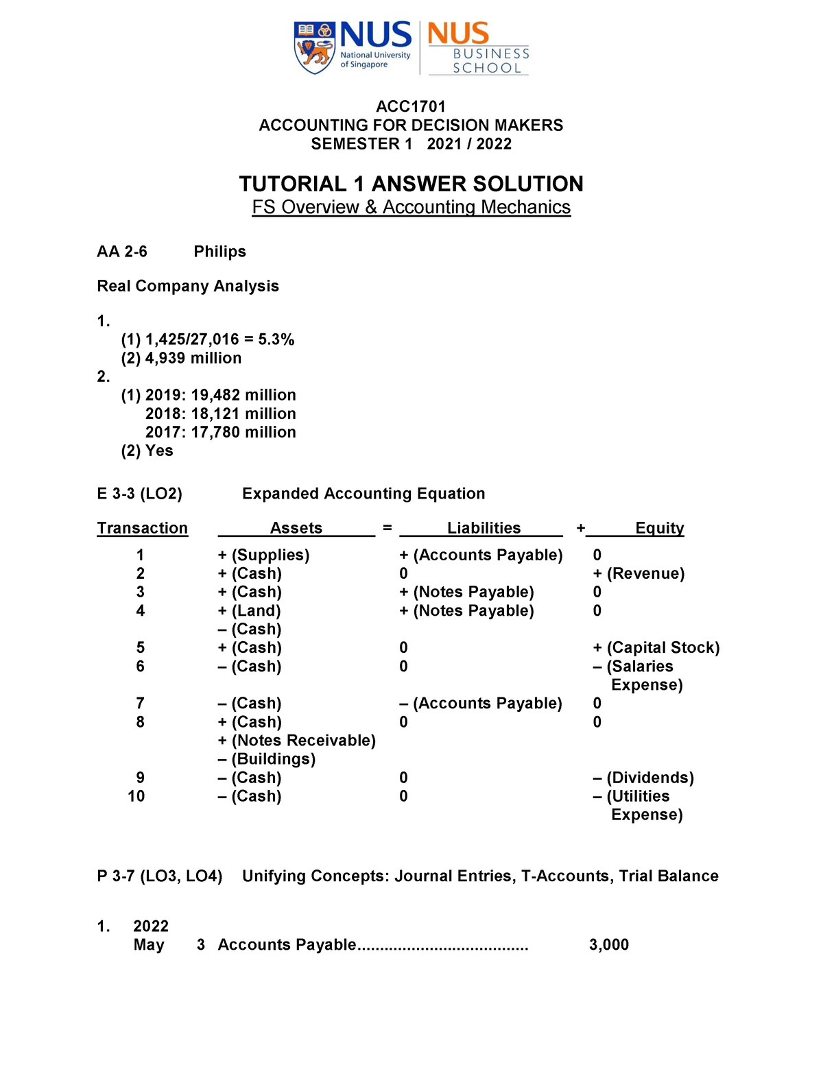 Tutorial 1 Answer Solution - ACC ACCOUNTING FOR DECISION MAKERS ...