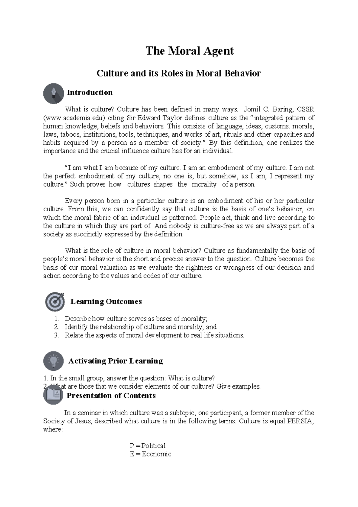 Topic-VI - The Moral Agent Culture and its Roles in Moral Behavior ...