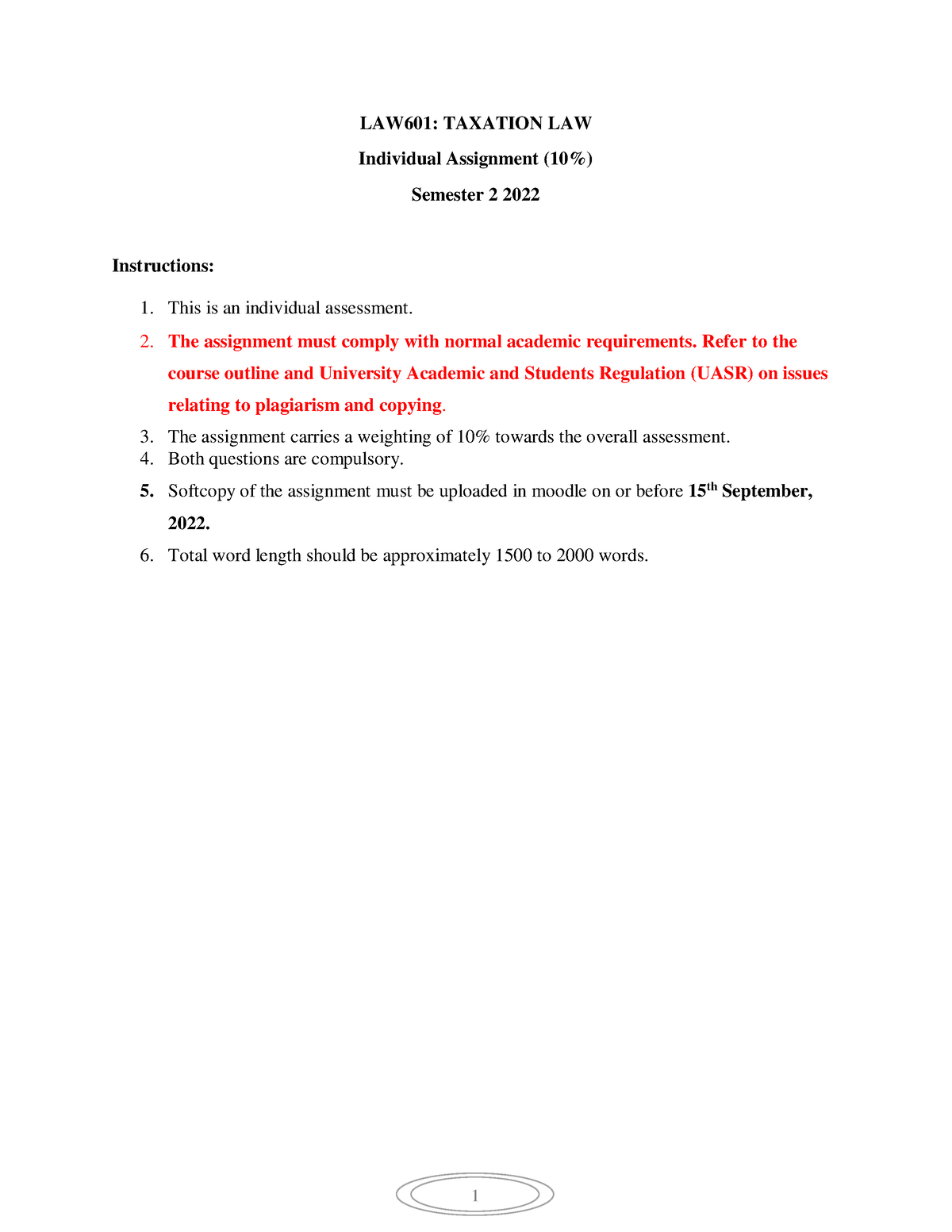 LAW601 Assignment 1 2022 Final - 1 LAW601: TAXATION LAW Individual ...