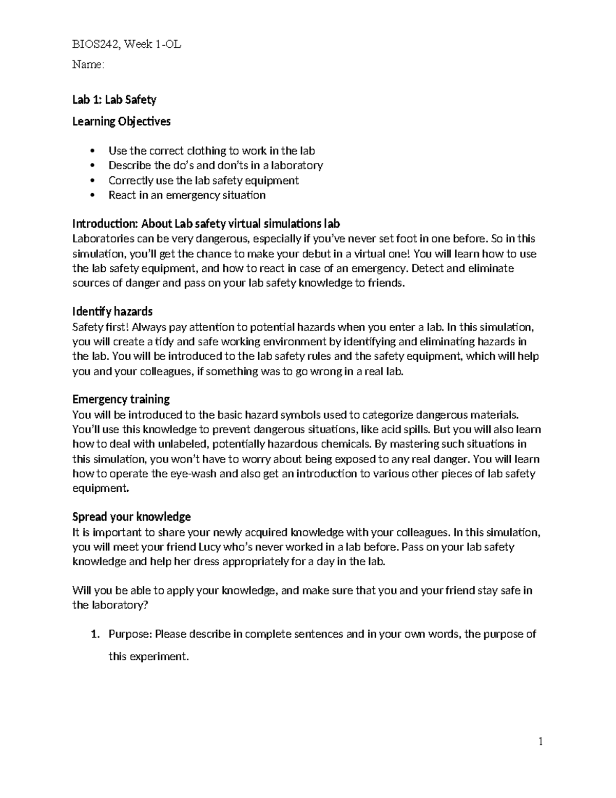 OL Lab Safety - Name: Lab 1: Lab Safety Learning Objectives Use the ...