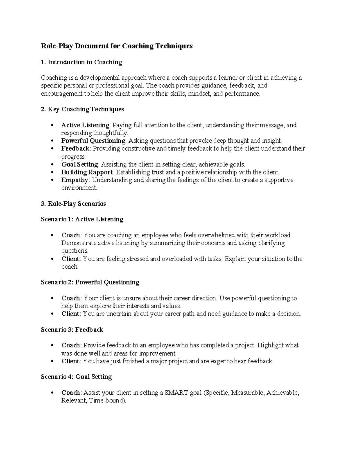 RP Technique - Roleplay - Role-Play Document for Coaching Techniques 1 ...