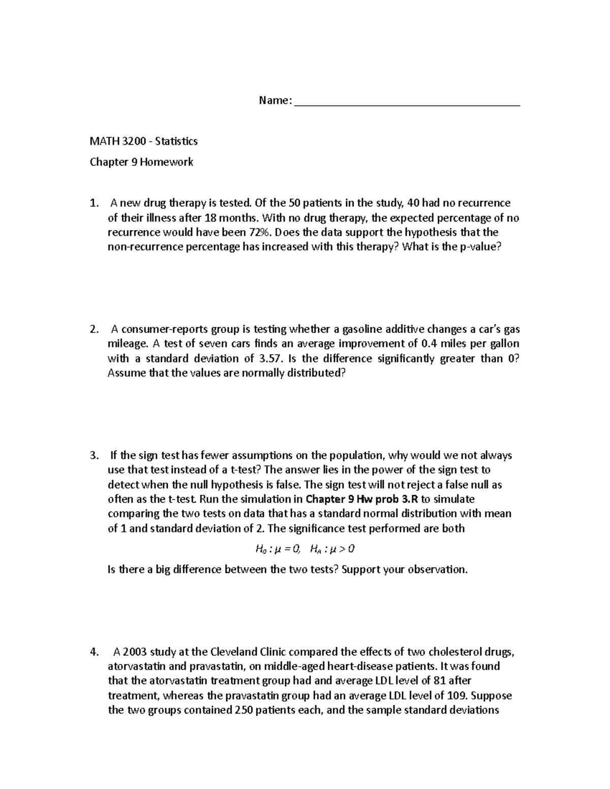 MATH 3200 Chapter 9 Homework (6 jan 17) - Name: MATH 3200 Statistics ...