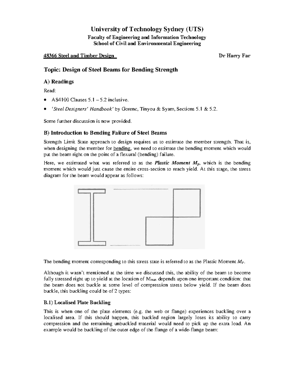 Lecture Notes Design of Steel Beams for Bending Strength - University ...