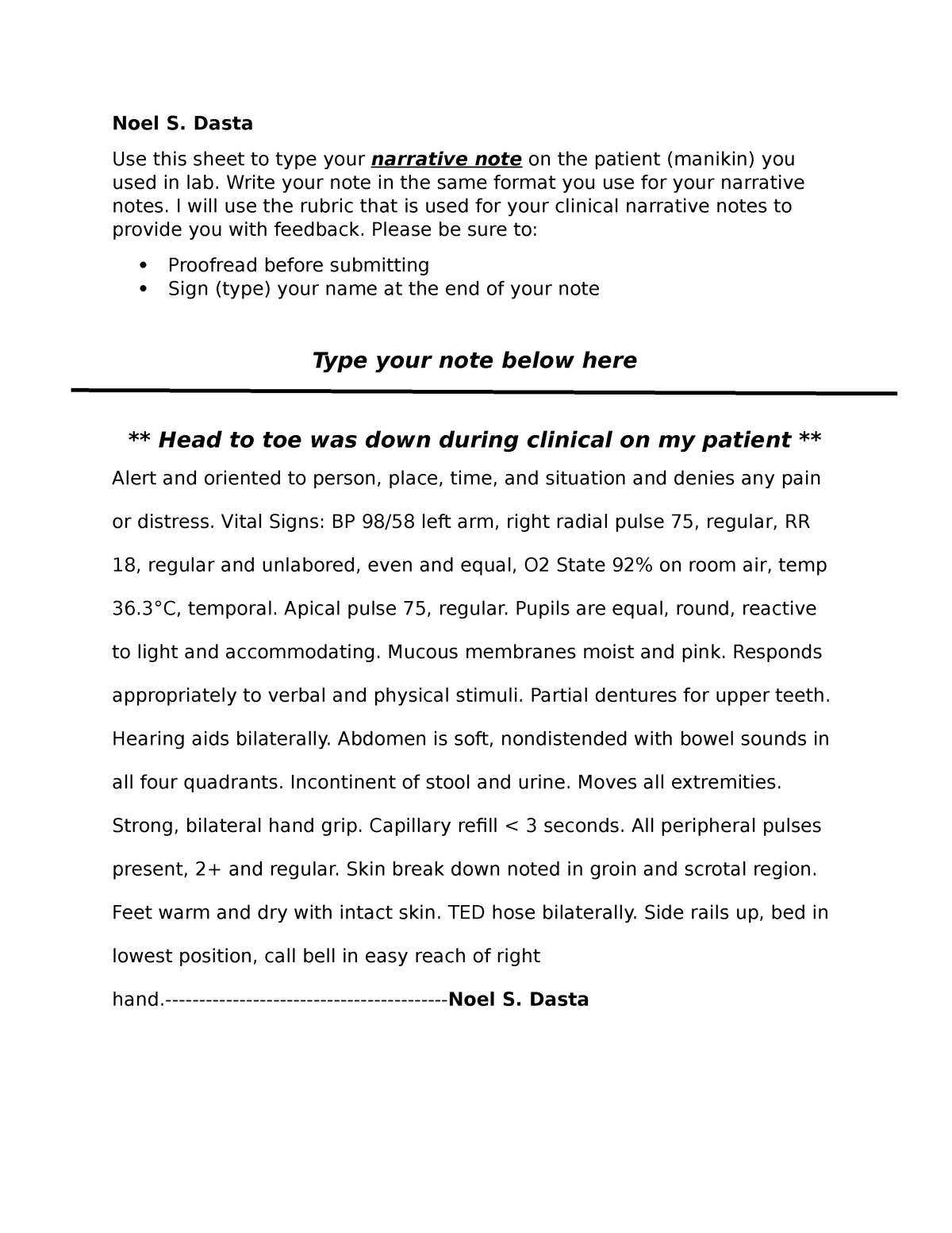 Head to Toe Narrative Note Complete - Noel S. Dasta Use this sheet