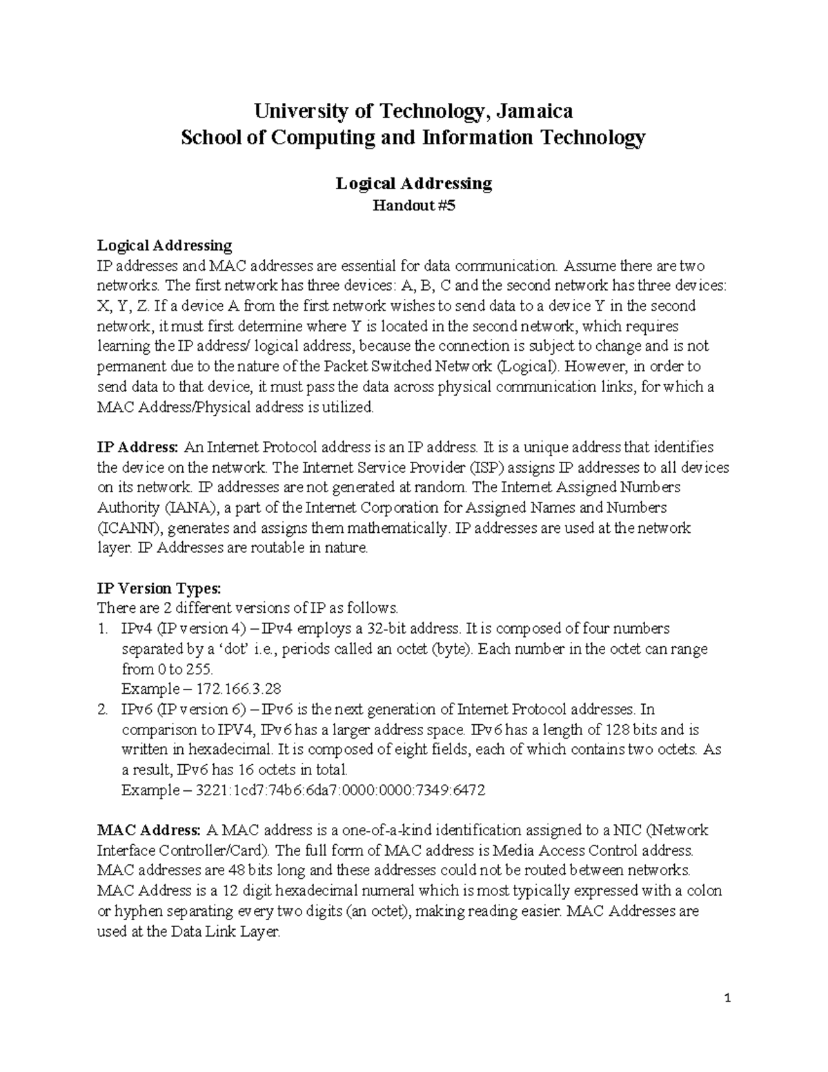 Unit+5+-+Logical+Addressing - University of Technology, Jamaica School ...