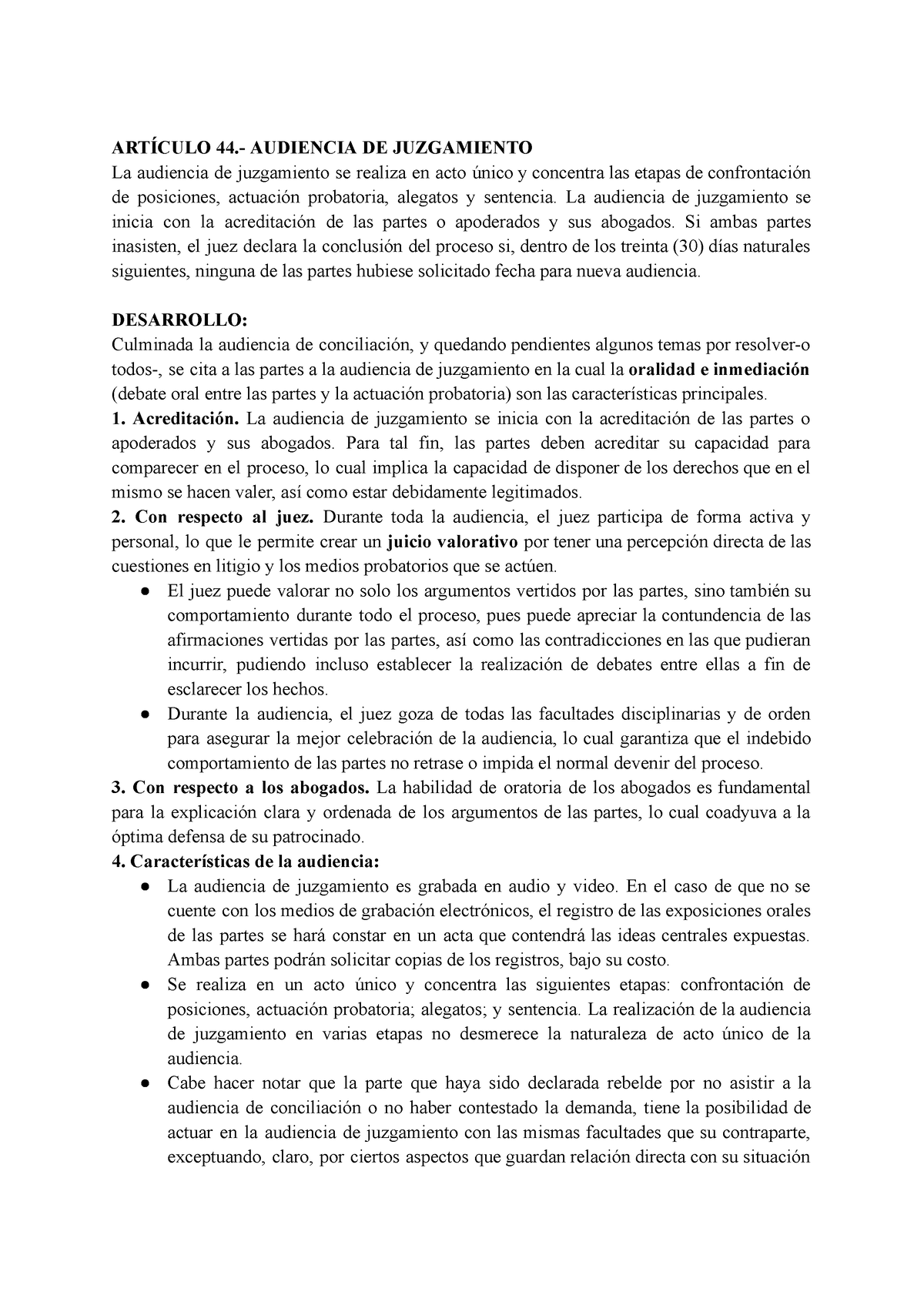 Proceso Ordinario Laboral - ARTÍCULO 44.- AUDIENCIA DE JUZGAMIENTO La ...