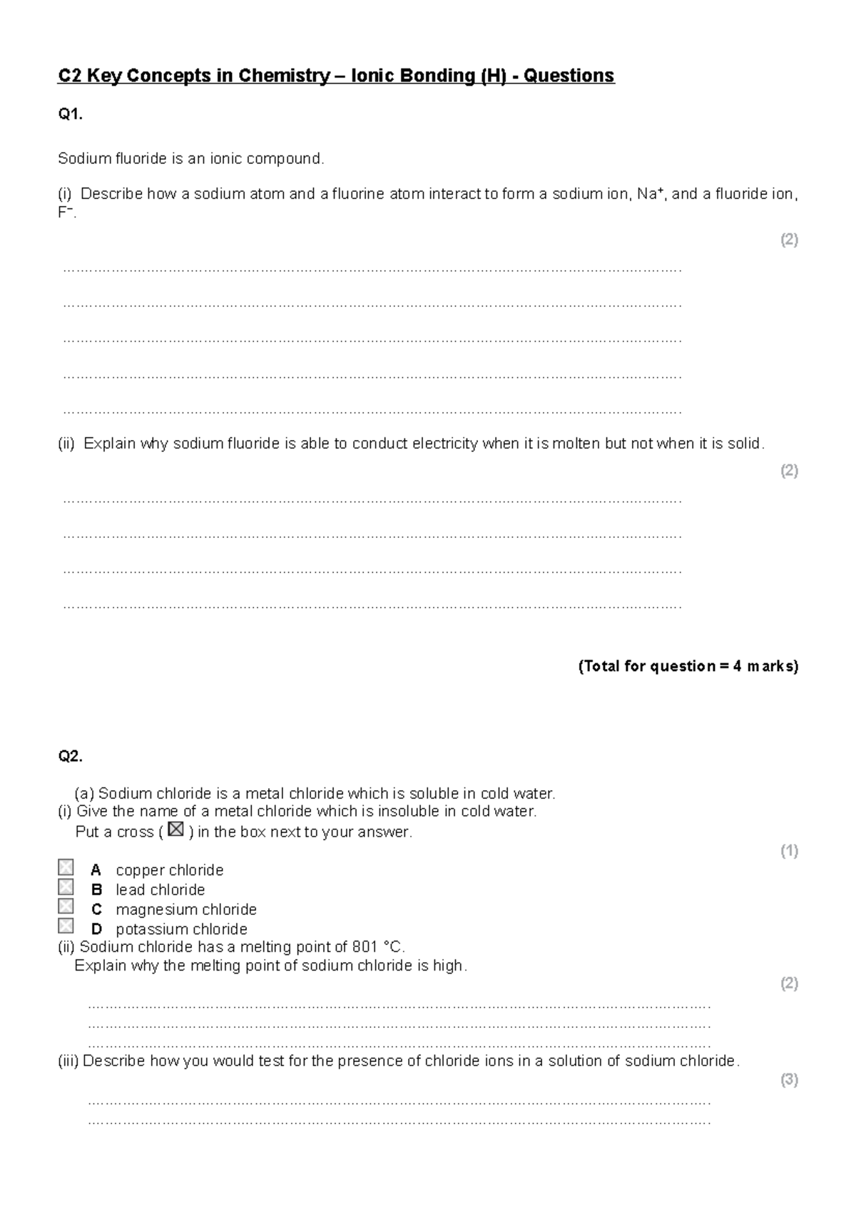C2 Key Concepts in Chemistry – Ionic Bonding H Qs - Sodium fluoride is ...