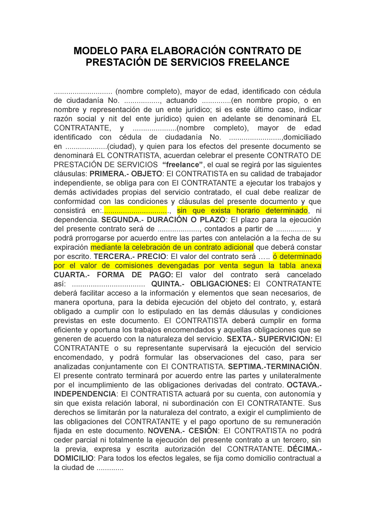 Modelo- Contrato- Freelance - MODELO PARA ELABORACIÓN CONTRATO DE PRESTACIÓN  DE SERVICIOS FREELANCE - Studocu