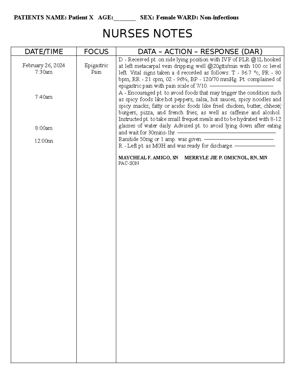 Amigo FDAR - FDAR for clinical exposure - PATIENTS NAME: Patient X AGE ...