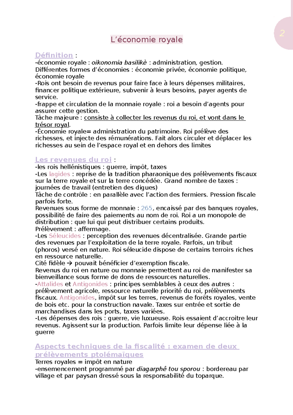 L'économie royale notes de cours histoire ancienne 2 L’économie
