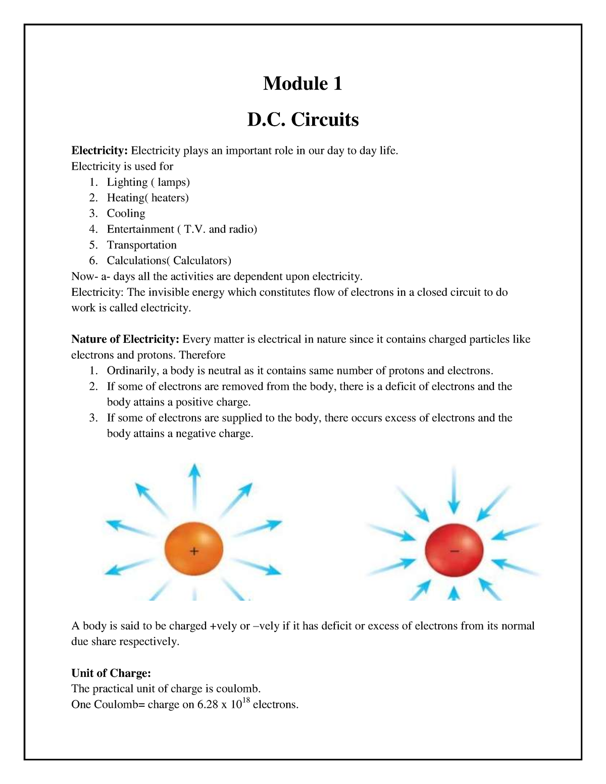 D.C. Circuits AND ITS APPLICATION - Module 1 D. Circuits Electricity ...