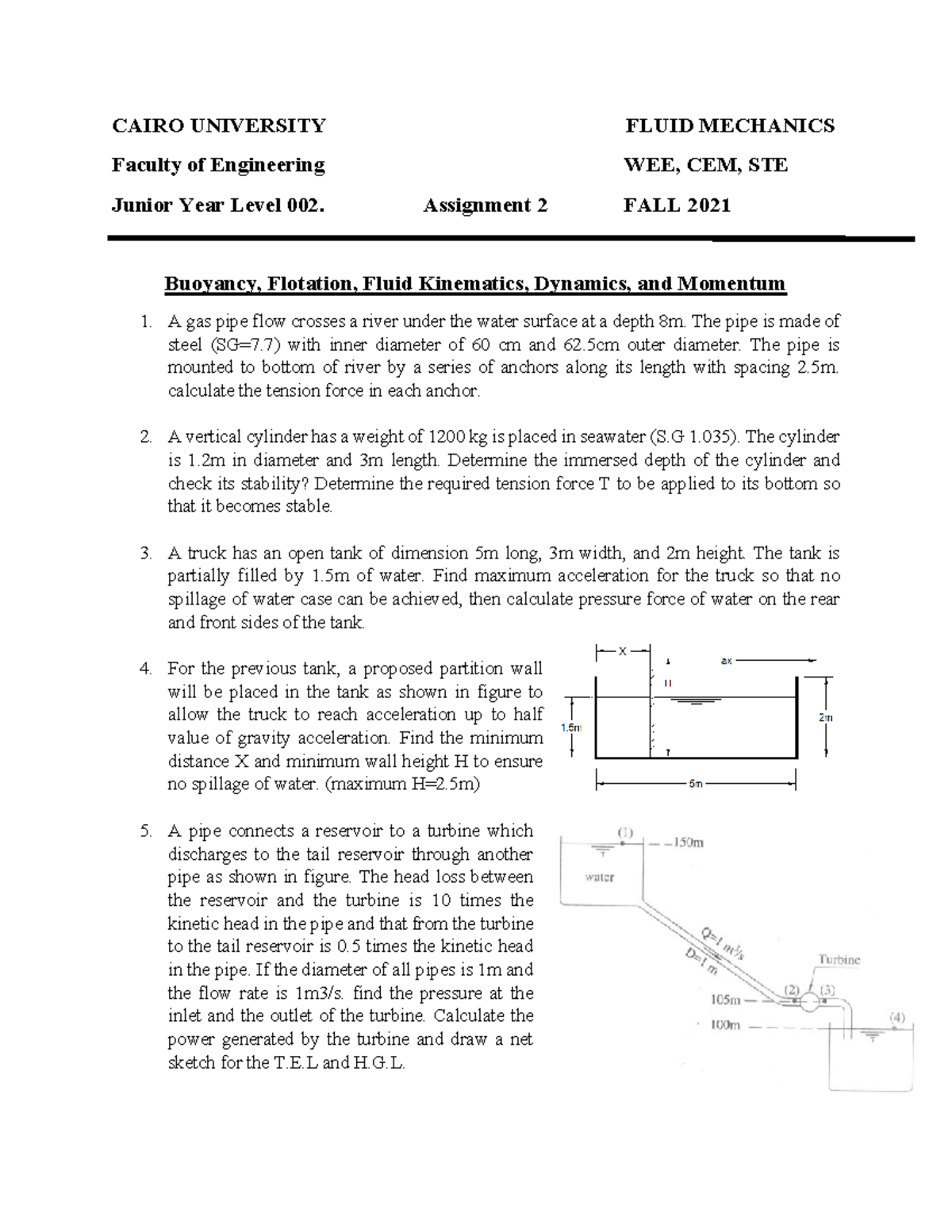 Assignment 2 - CAIRO UNIVERSITY FLUID MECHANICS Faculty of Engineering ...