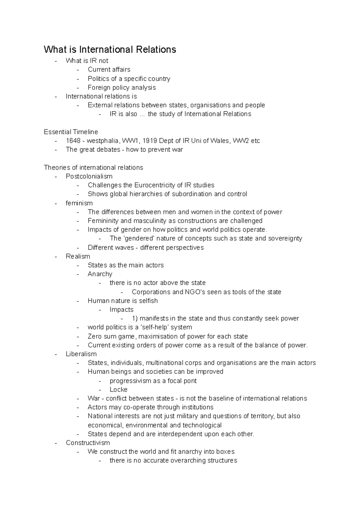 Lecture 1 - basic notes for lect 1 - What is International Relations ...
