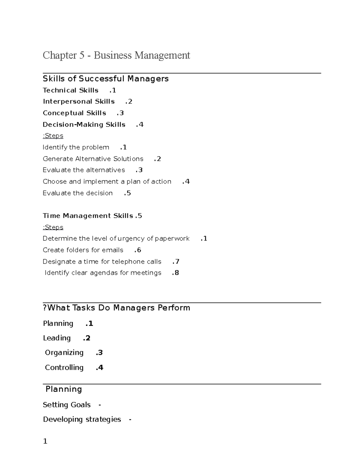 Business Chapter 5 Notes - Chapter 5 - Business Management Skills of ...