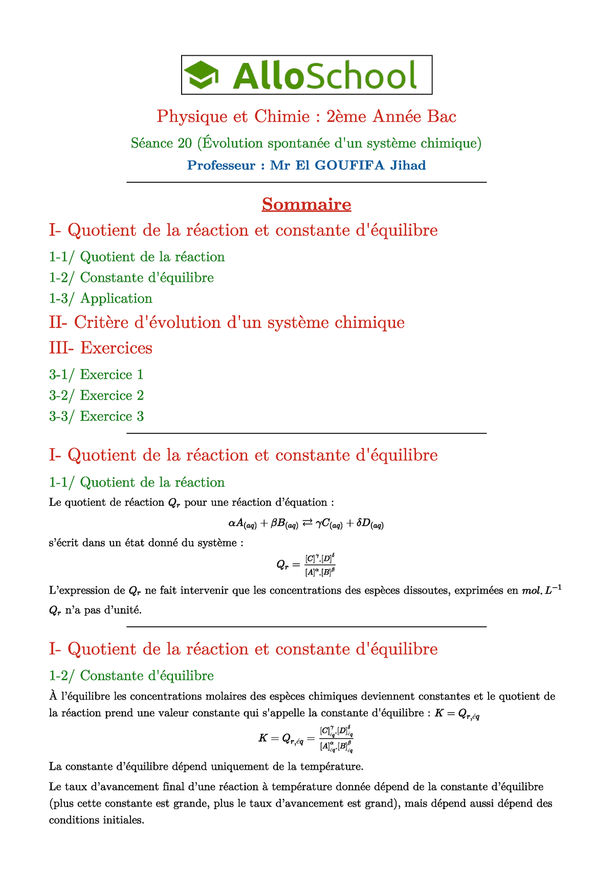 Seance 20 Evolution Spontanee D Un Systeme Chimique 8 - Physique 1 - é ...