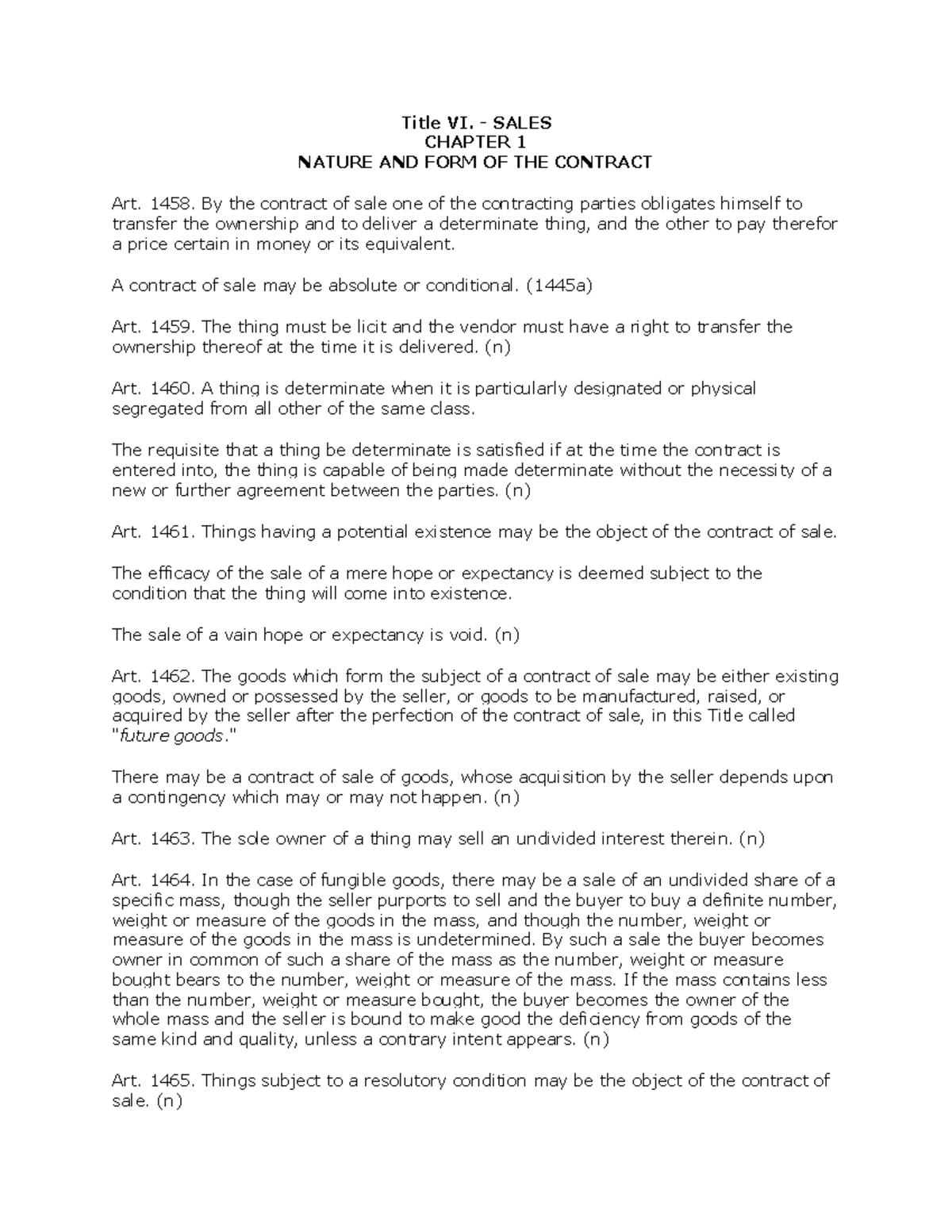 Law-on-Sales - ACC - Title VI. - SALES CHAPTER 1 NATURE AND FORM OF THE ...