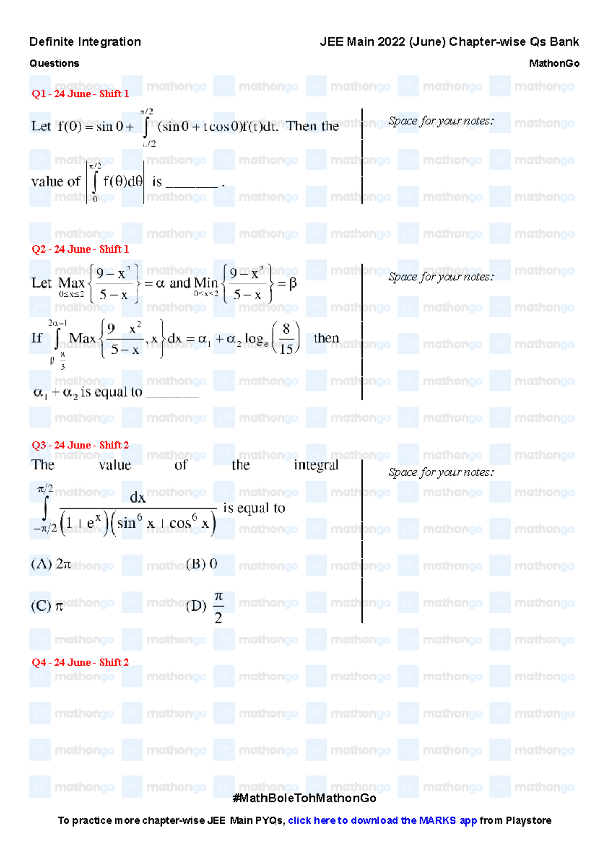Definite Integration - JEE Main 2022 Chapter wise Questions by Mathon ...