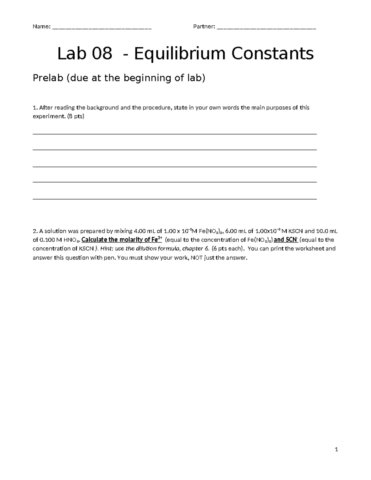 Lab 08 Equilibrium Constants Prelab 2023 - Tagged - Name ...