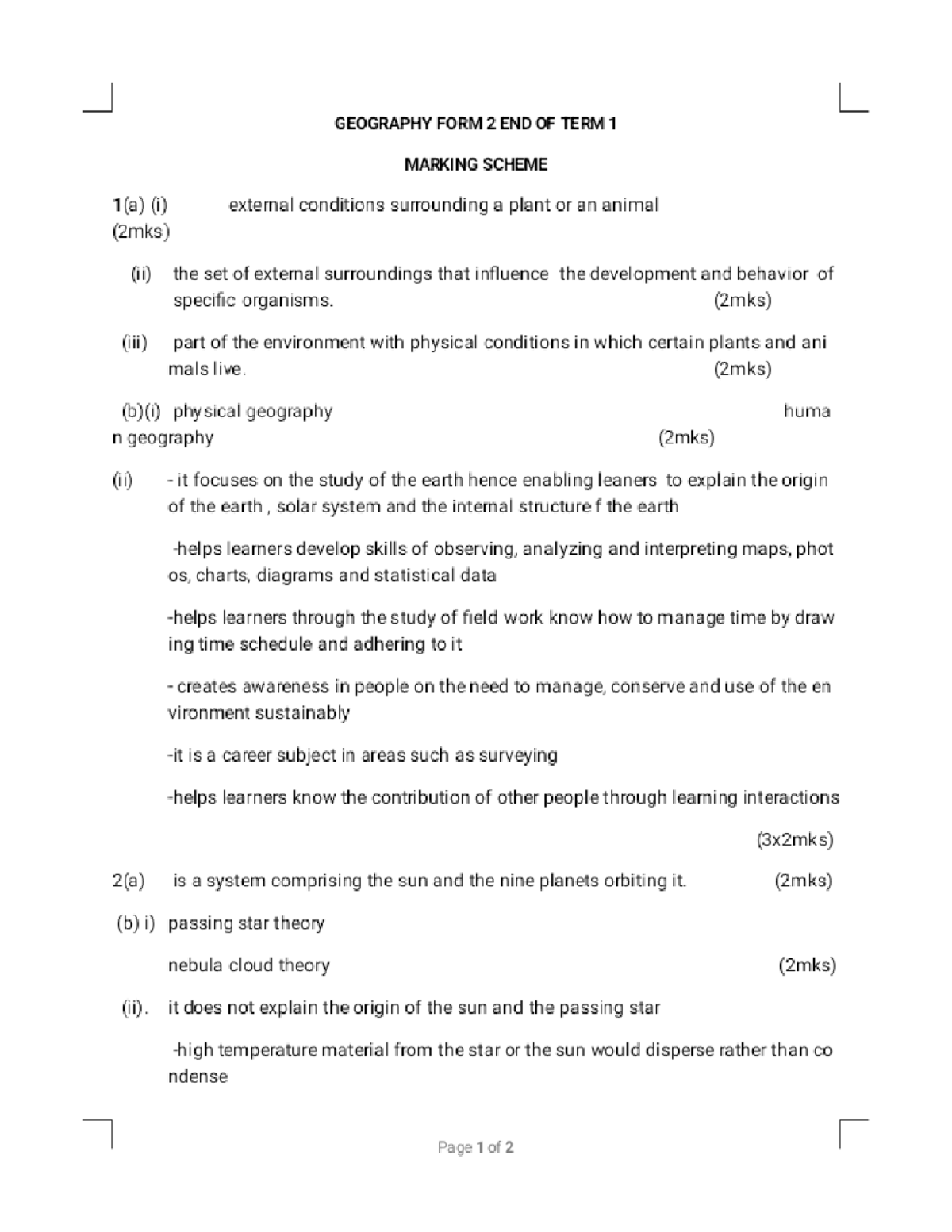 312 F2 Geography MS Phoenix - GEOGRAPHY FORM 2 END OF TERM 1 MARKING ...