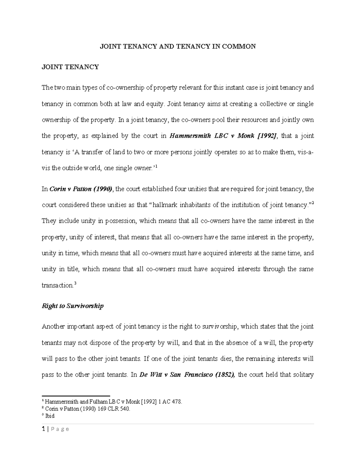 Joint Tenancy vs Tenancy in Common Notes - JOINT TENANCY AND TENANCY IN ...