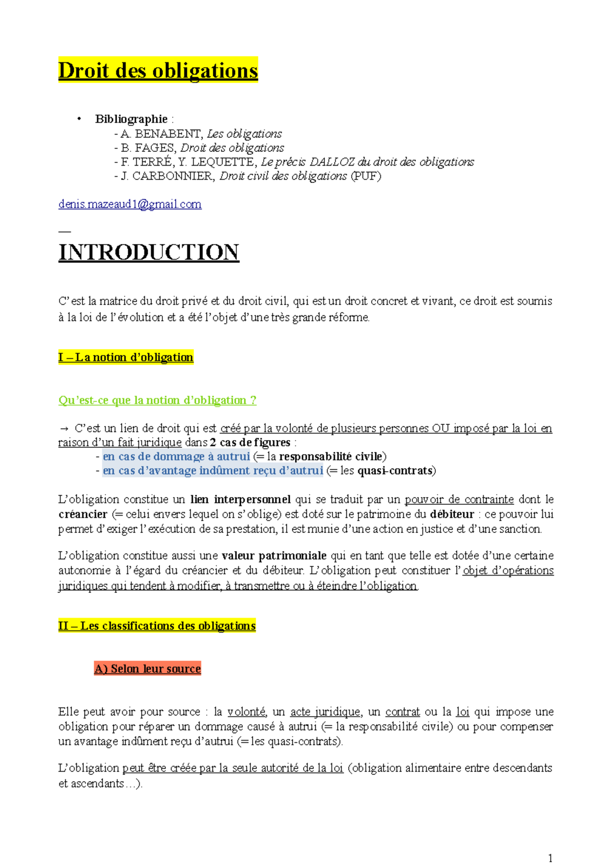 Droit Civil - Droit Des Obligations Bibliographie : A. BENABENT, Les ...