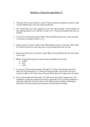 Practice questions 2 - Statistics 1 (practice questions 2) Which one of ...
