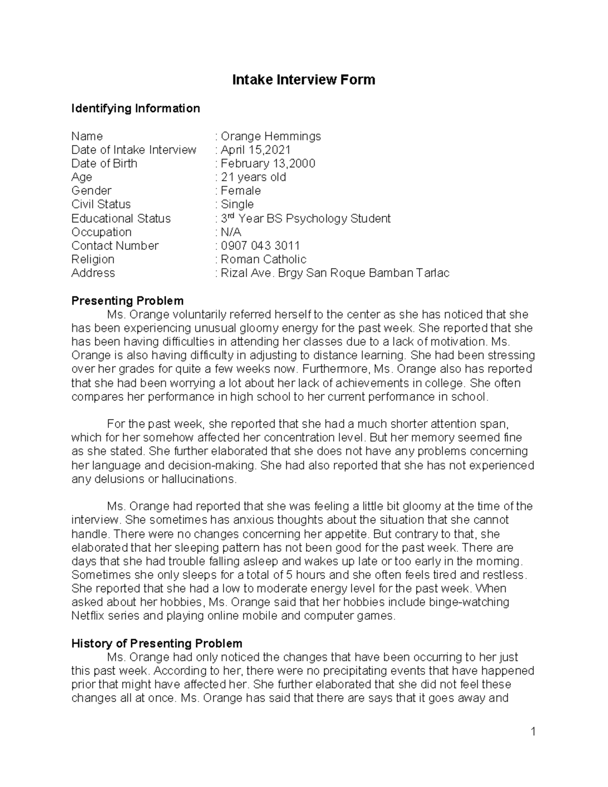 Clinical Interview - Intake Interview Form Identifying Information Name ...