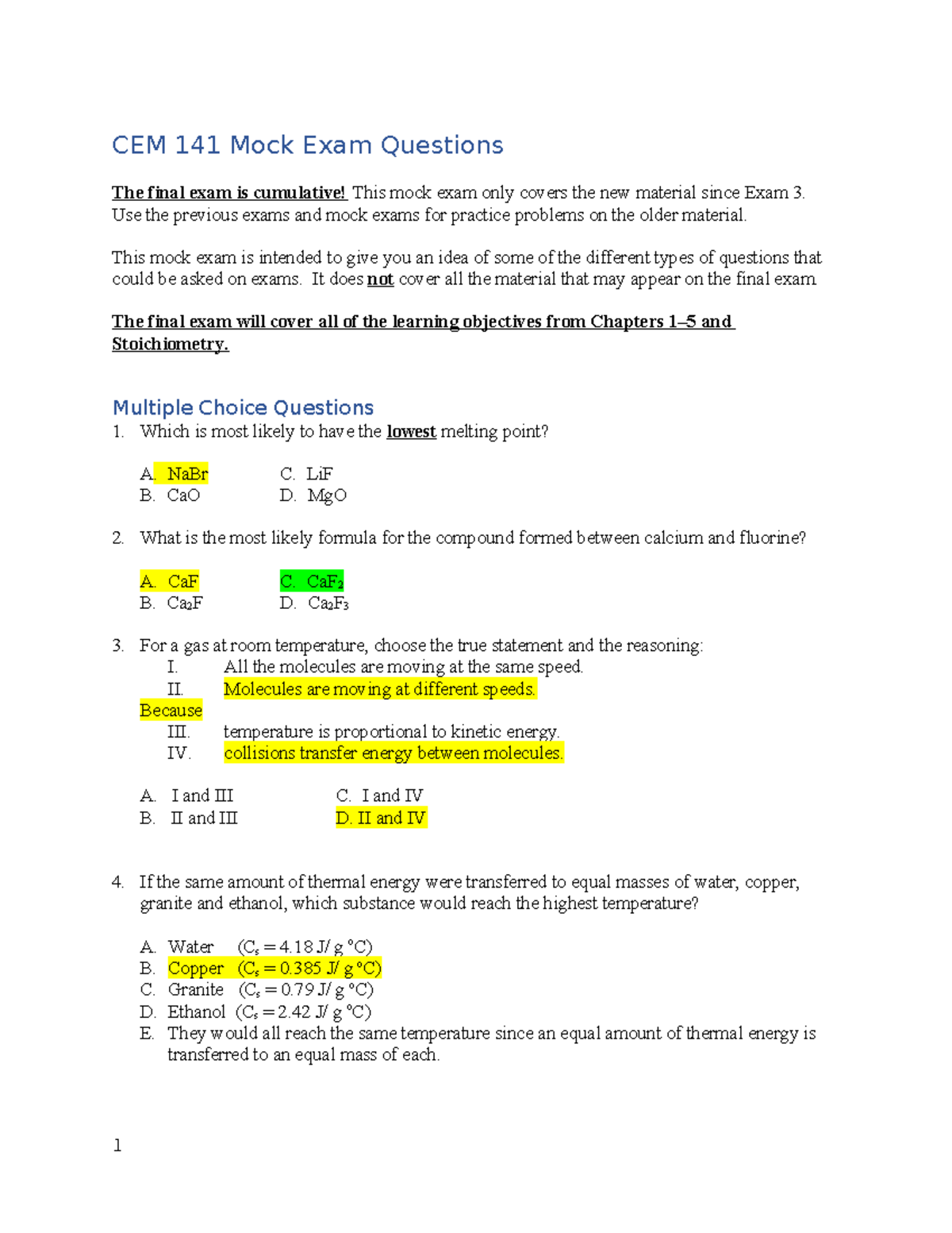 141 Mock Exam Final - mock exam - CEM 141 Mock Exam Questions The final ...