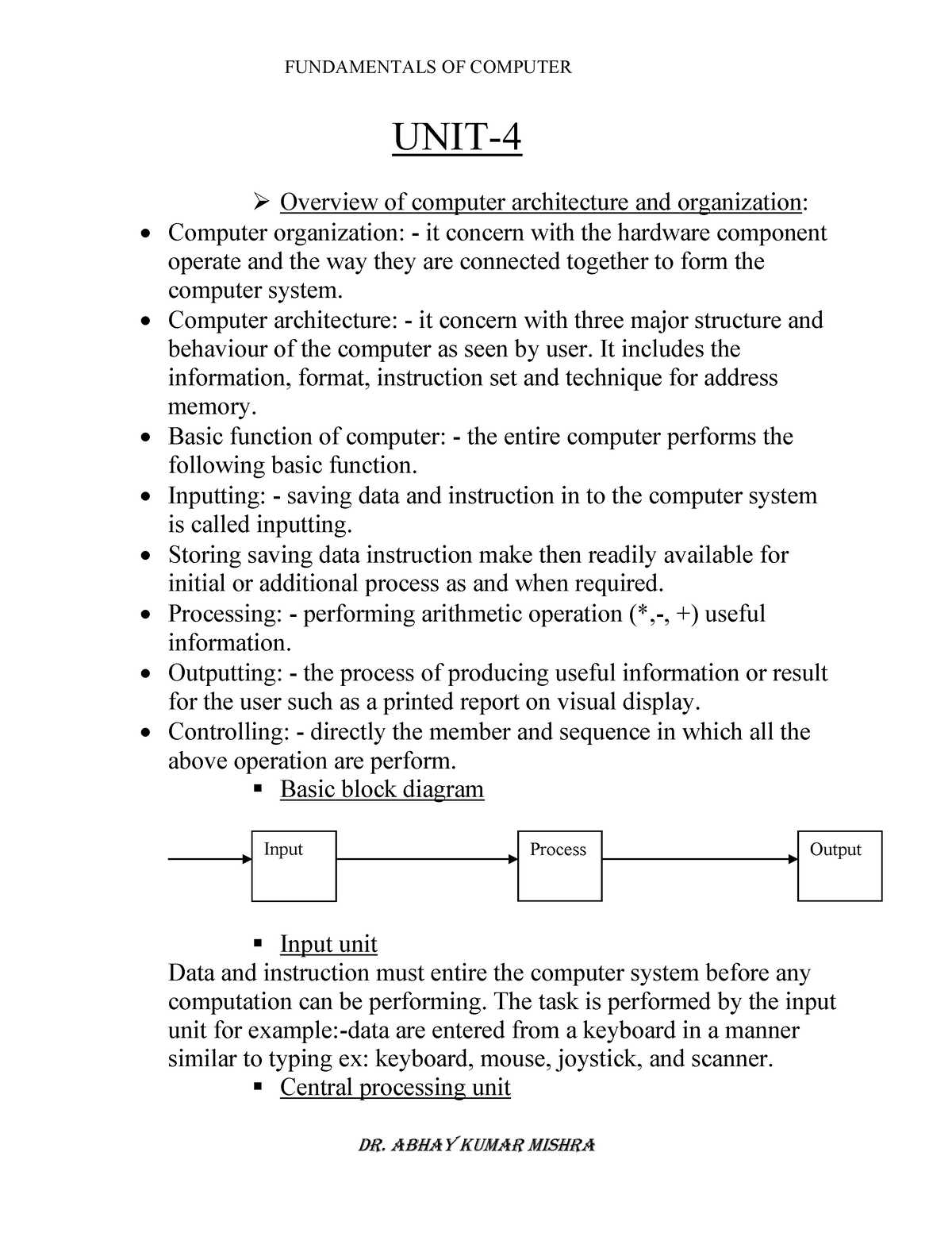 Unit 4 - UNIT- Overview Of Computer Architecture And Organization ...