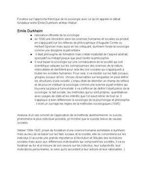 Sociologie Emile Durkheim Focalise Sur L Approche Theorique De La Sociologie Avec Ce Qu On Studocu