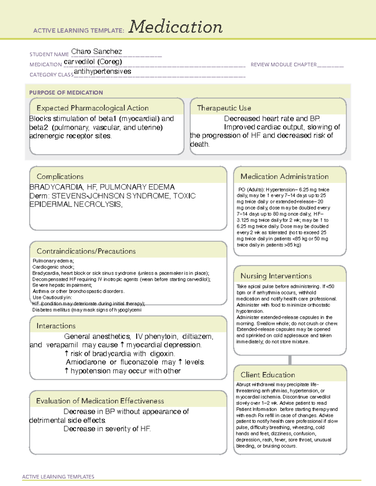 Coreg Med Maps ACTIVE LEARNING TEMPLATES Medication STUDENT NAME