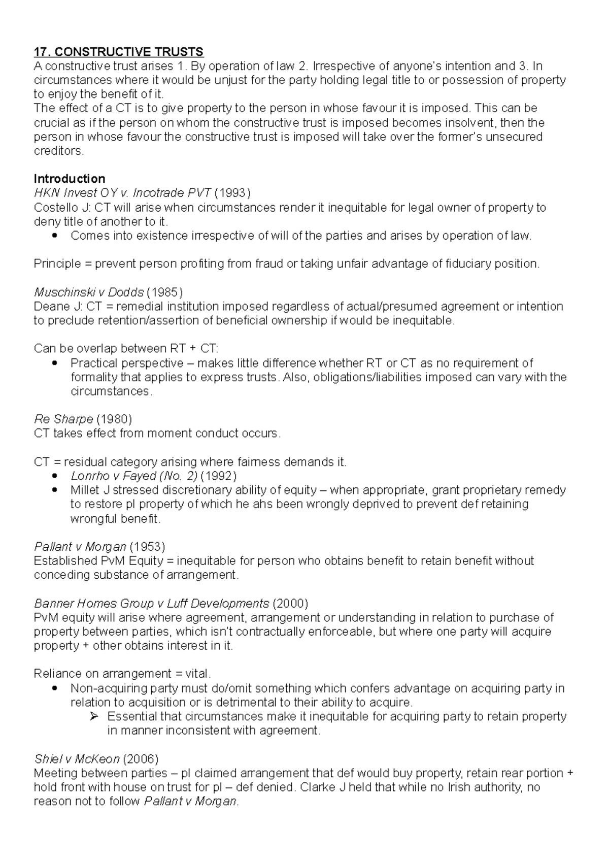 11 Constructive Trusts summary notes from Equity course - 17 ...