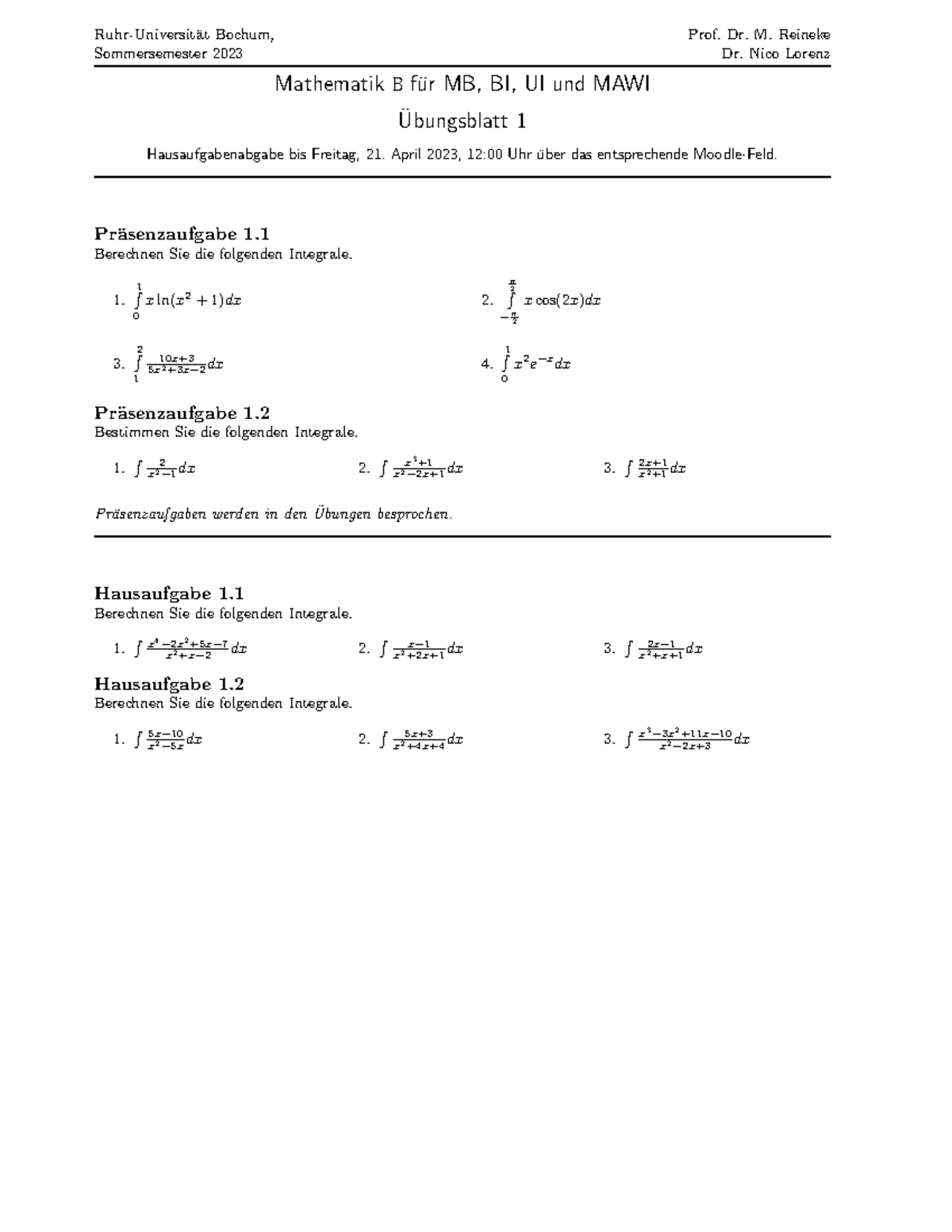 Mathe B Blatt 01 - Ruhr-Universit ̈at Bochum, Prof. Dr. M. Reineke ...