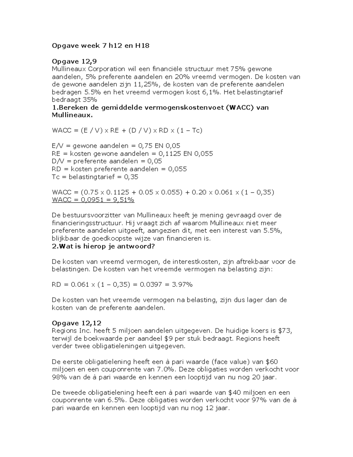 Opgaven Week 7 - College-aantekeningen 1-7 - Opgave Week 7 H12 En H18 ...