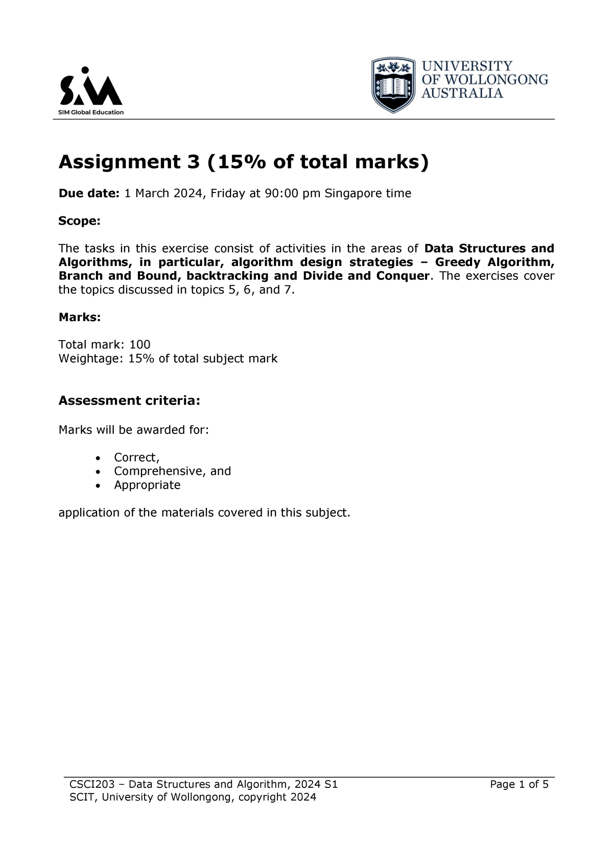 SIM A3 CSCI203 2024S1 V1 Specification - CSCI203 – Data Structures And ...