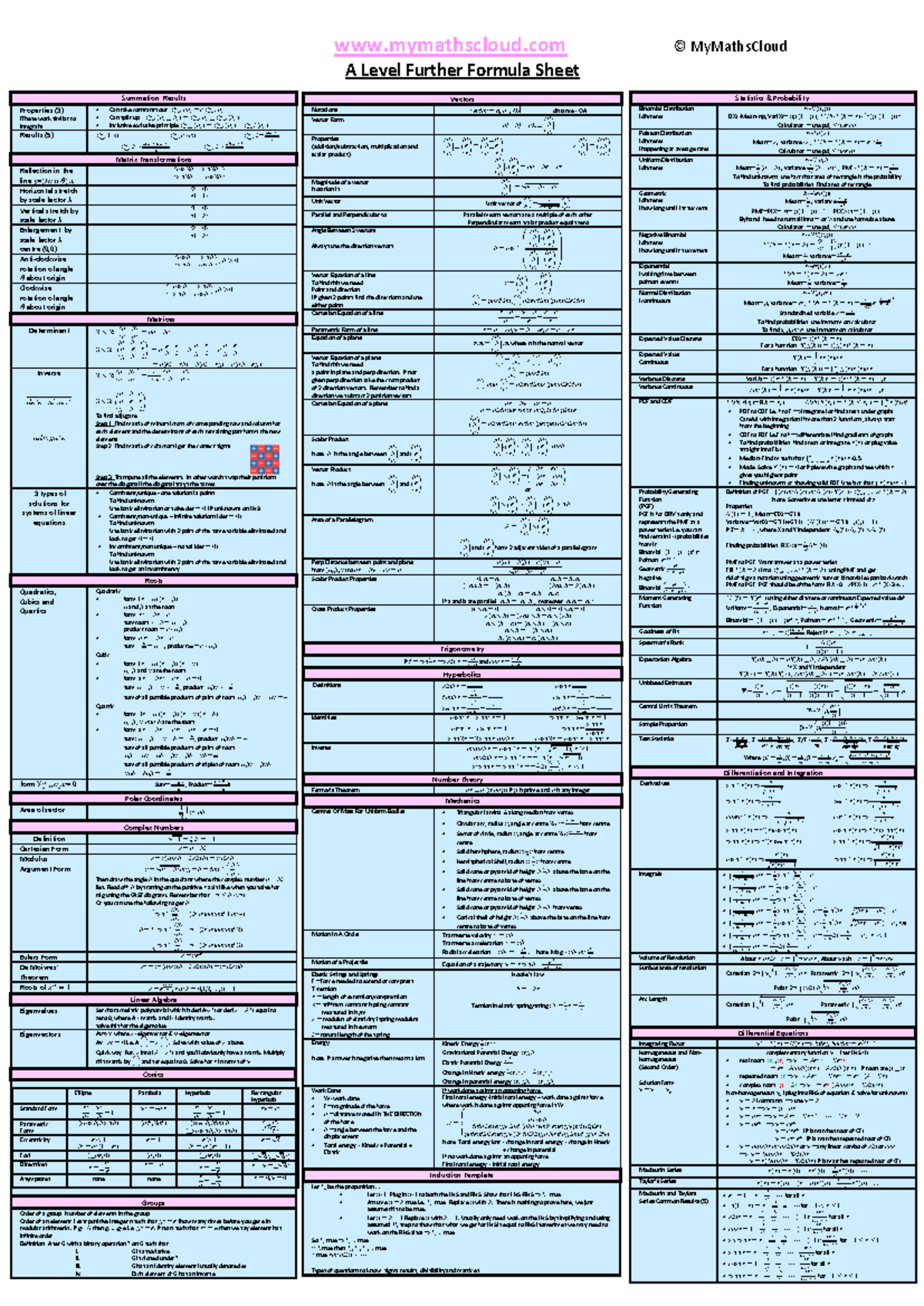 A Level Further Formula Sheet - mymathscloud © MyMathsCloud A Level ...