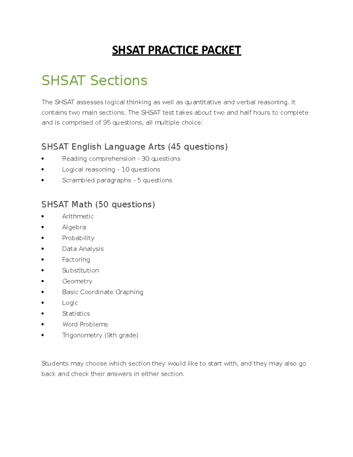Shsat Practice Packet - SHSAT PRACTICE PACKET SHSAT Sections The SHSAT ...