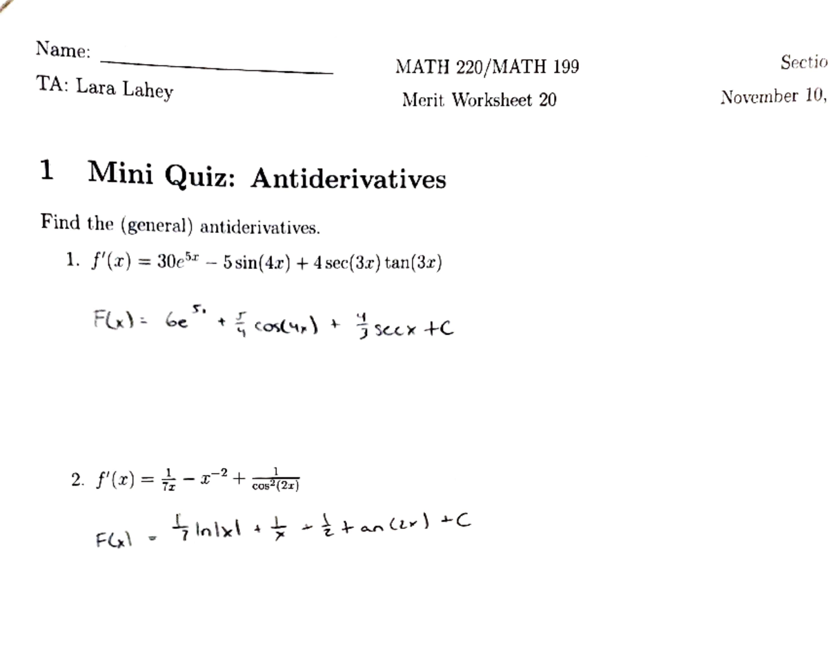 Math 220 Merit Worksheet #20 - Sectio Name MATH 220/MATH 199 November ...
