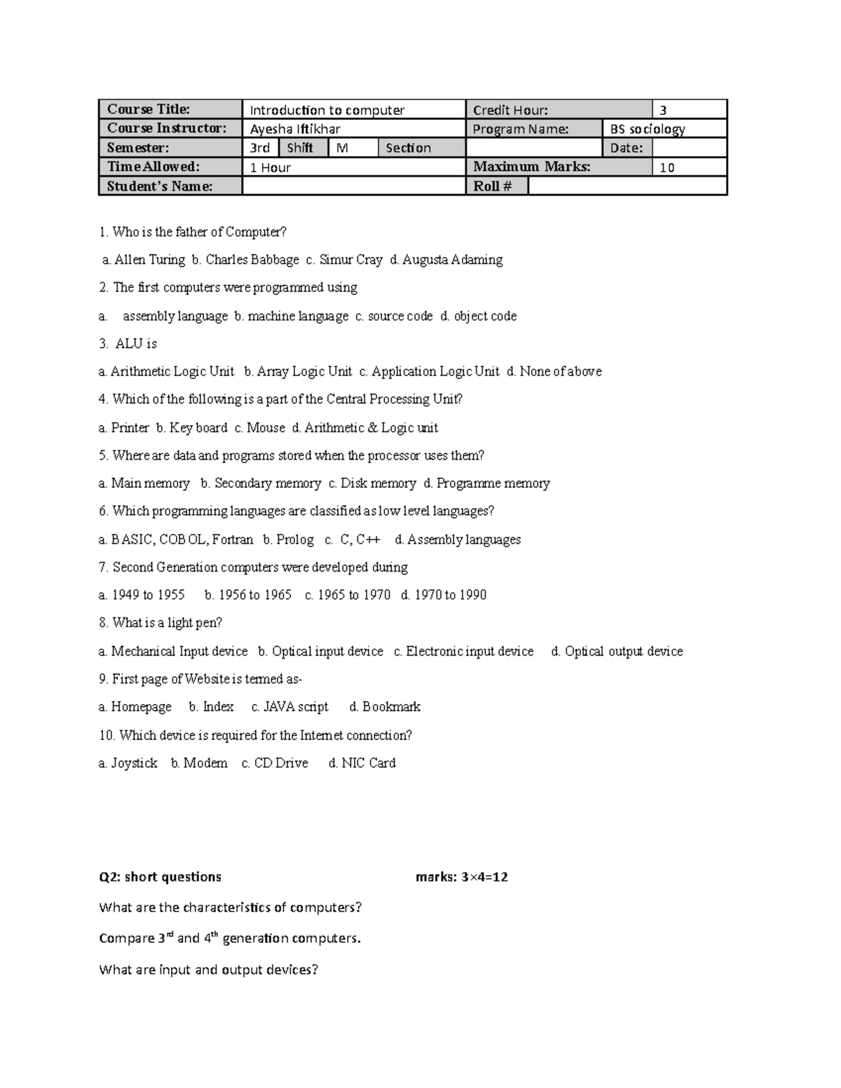 ITC mid final - ayesha iftikhar - Course Title: Introduction to ...