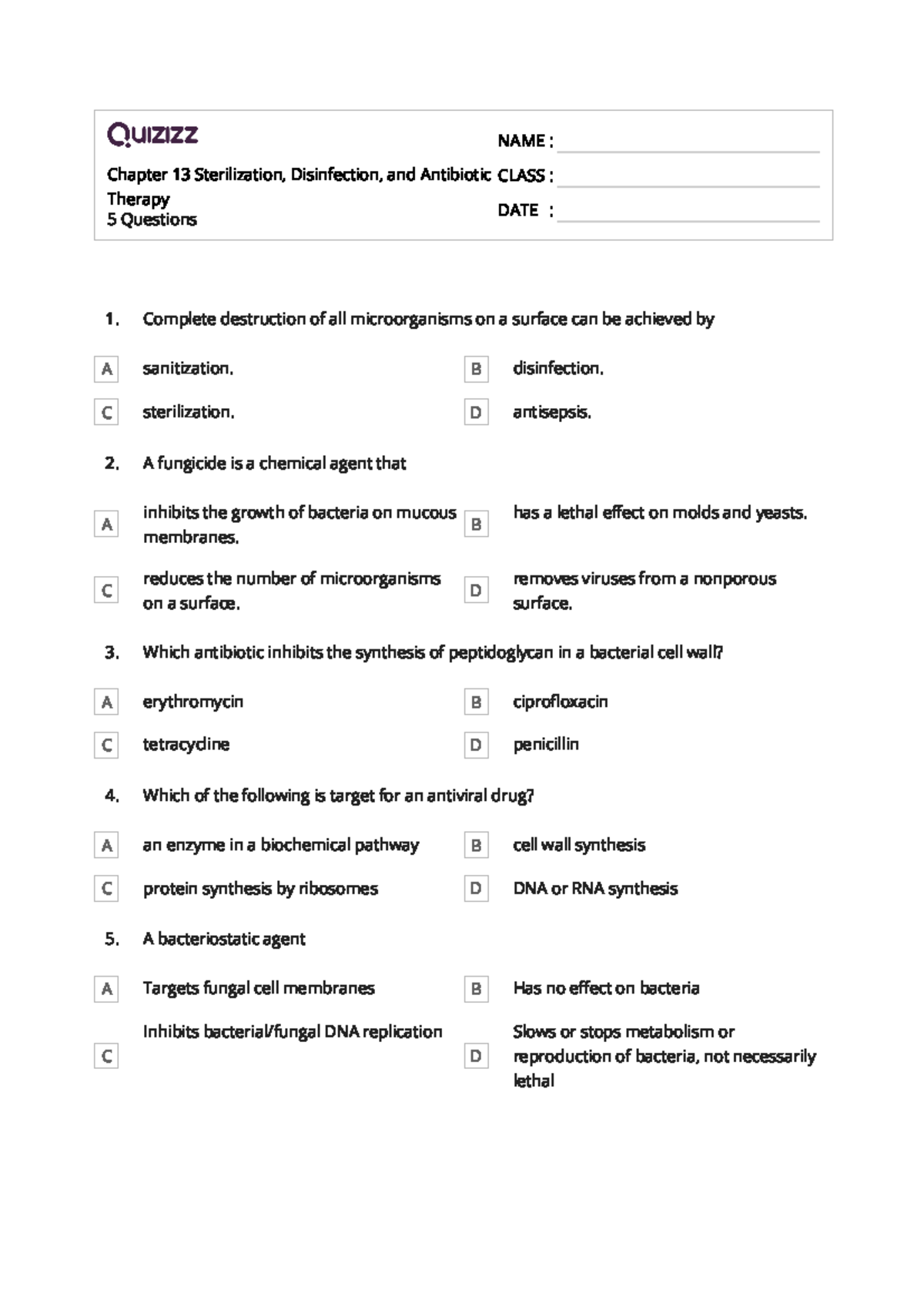 Quizz of Disinfection And Steralization Chapter 13 Sterilization