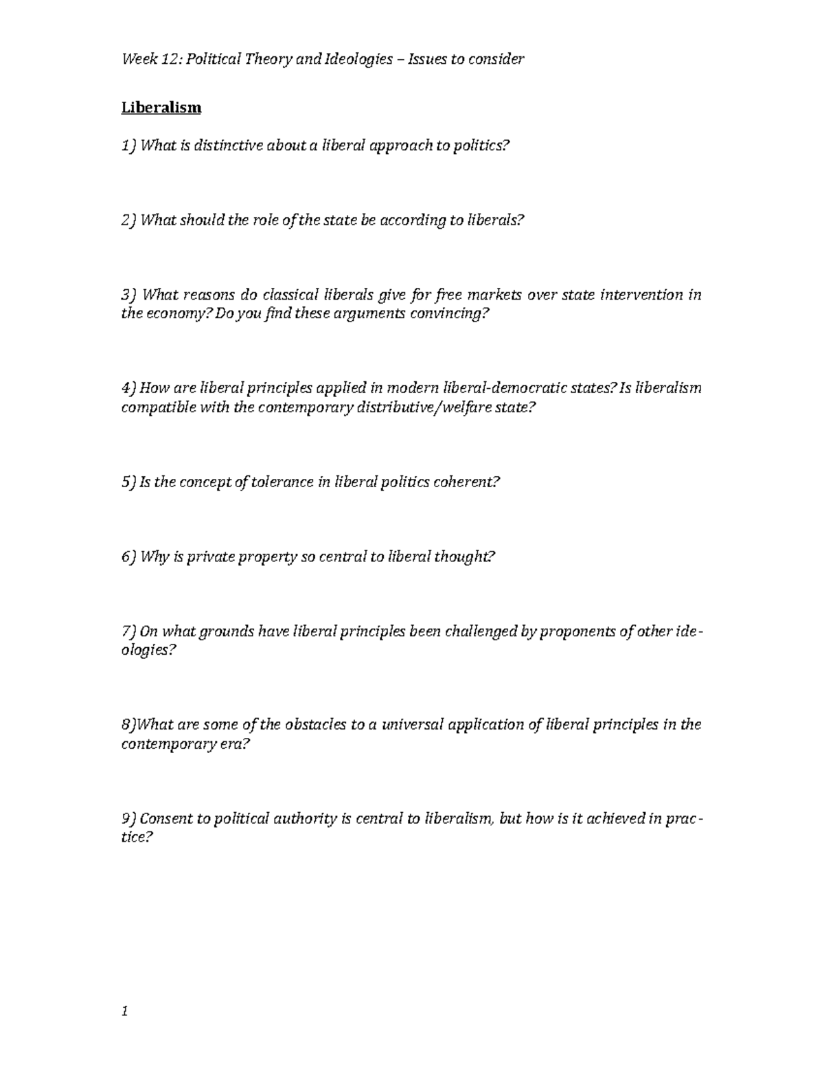 Liberalism - Issues to Consider - Week 12: Political Theory and ...